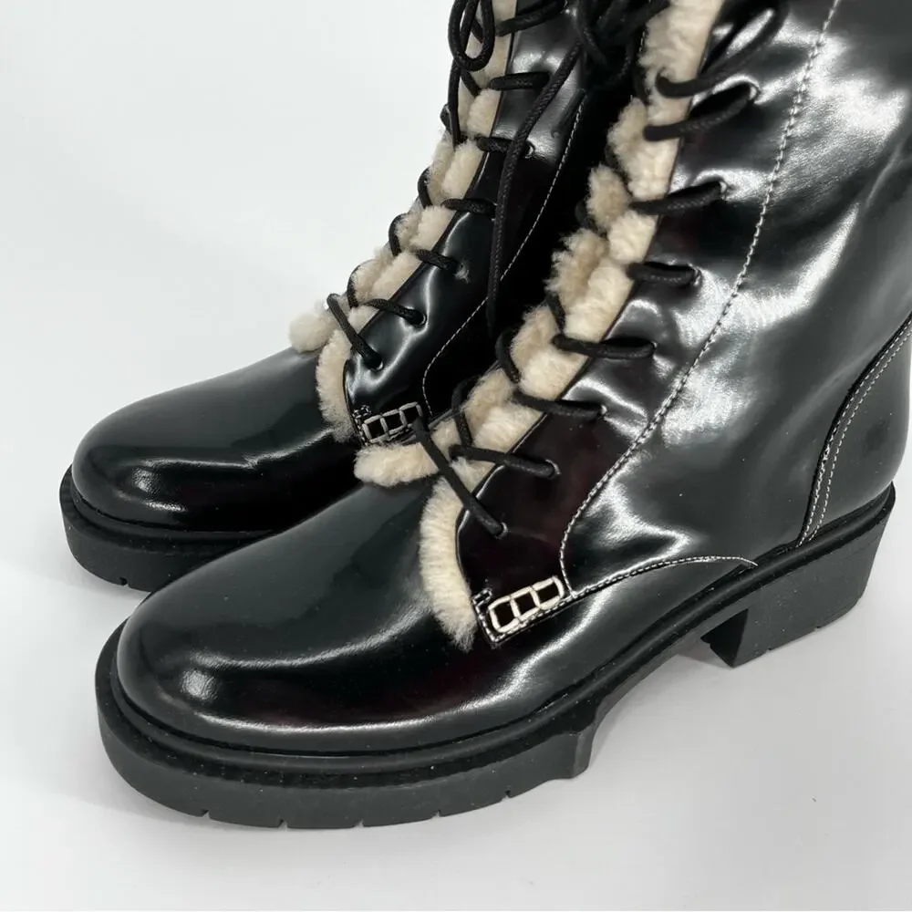 Coach Leighton Combat Boots Black Shearling Trim Lace-Up - Size 8.5